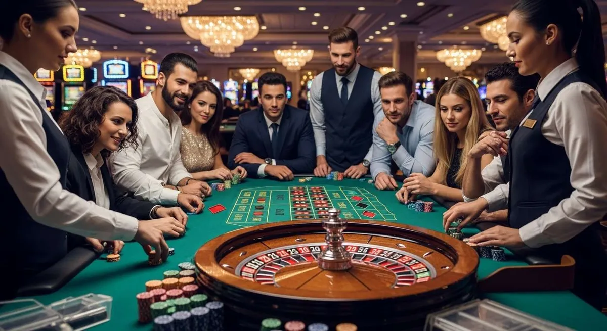 Instant Casino Giocatori e croupier al tavolo della roulette in un casinò